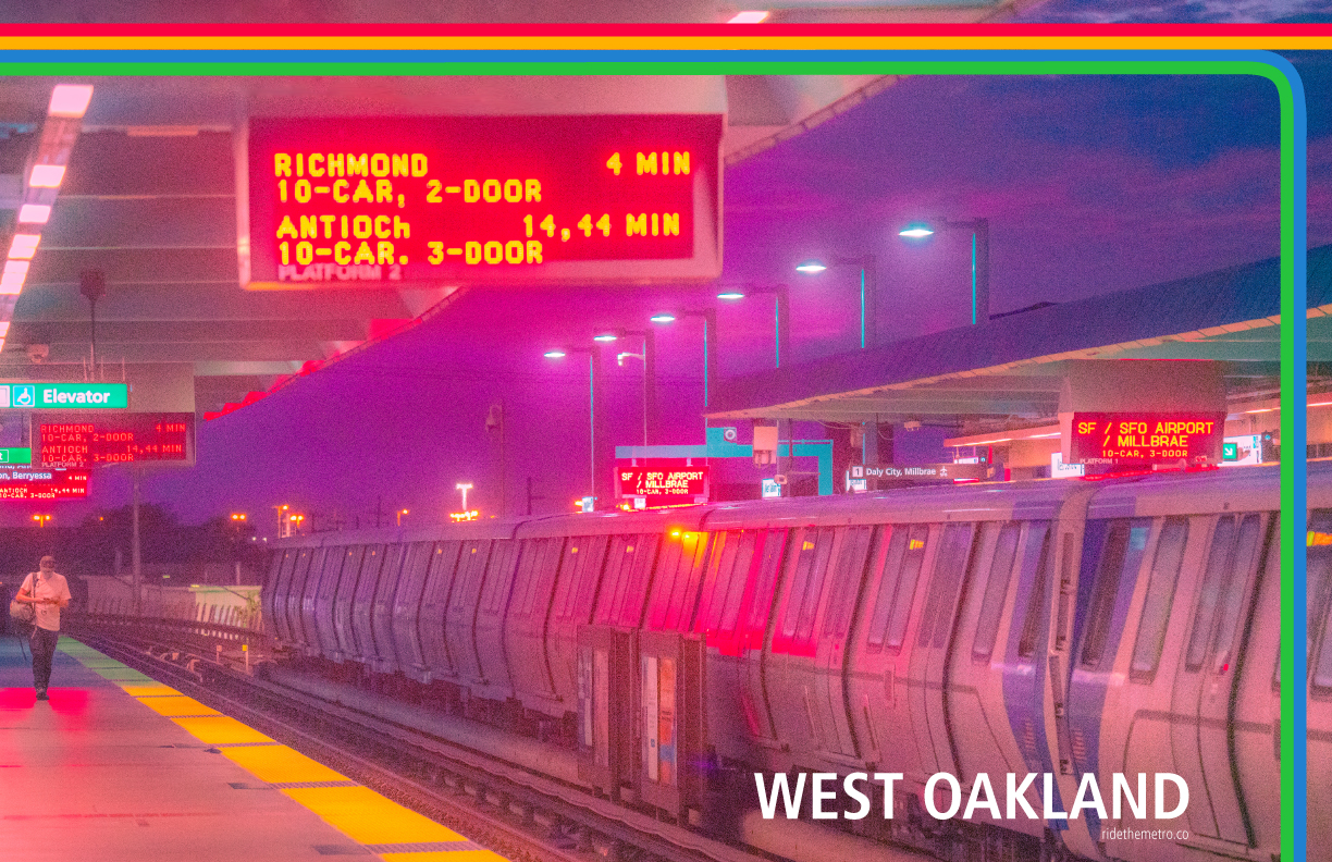 A photo poster that says West Oakland, with red yellow blue and green lines overlaid. The lines go across the top of the photo, with the blue and green lines turning to go off the bottom of the photo. The photo is of a moody and brightly coloured view of the elevated station platform at dusk, with a purpleish sky and bright red light reflected from the overhead signs onto the platform and a fleet of the future train. In the background is a row of high teal overhead lights styled like street lights. Ordinary street lights are visible in the far background.